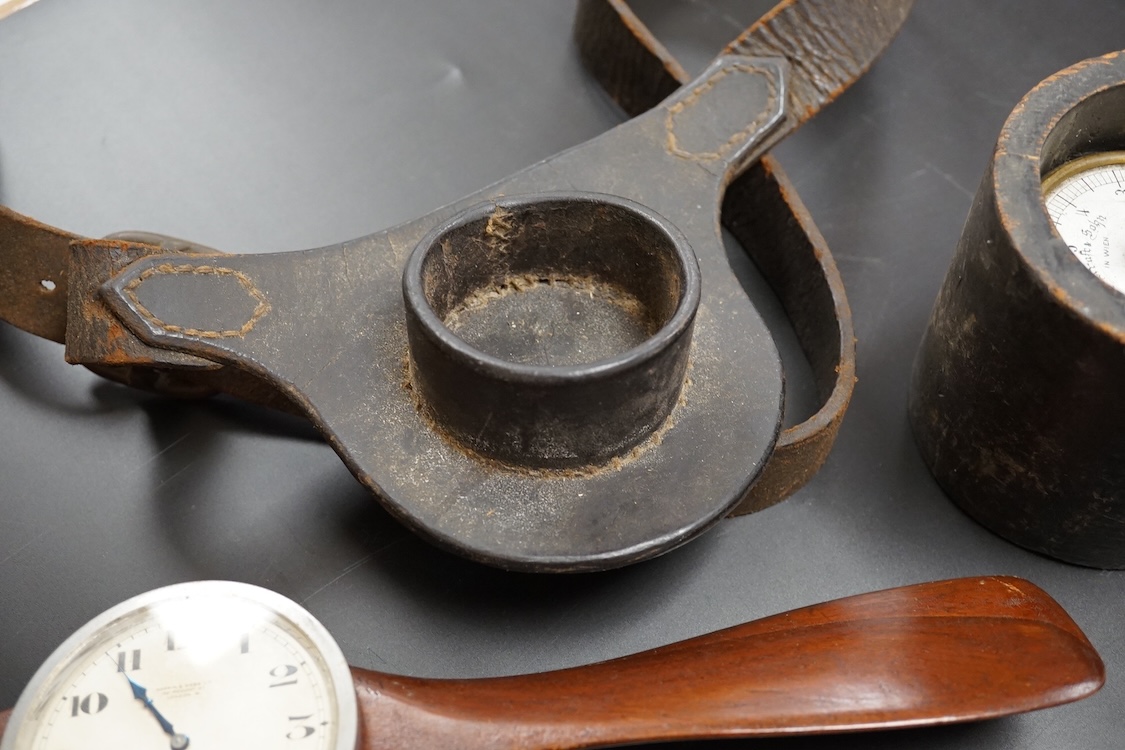 A collection of military equipment, clock, silver commemorative dish etc (6). Propeller mantel clock 41cm wide.